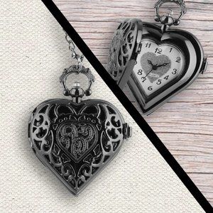 Heart Pocket Watch Necklace NEW Black Gift Christmas Birthday Keepsake Locket